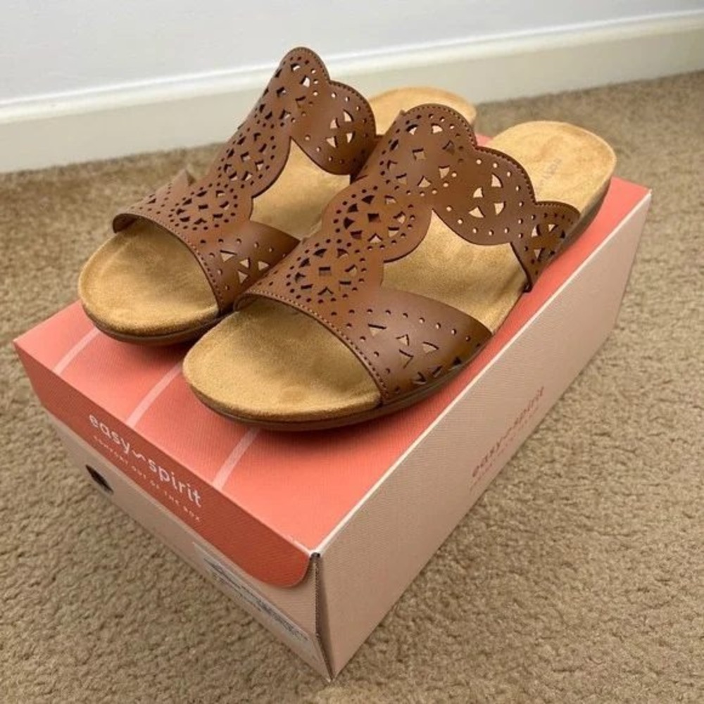 Easy Spirit Womens Med Brown Laser Cut Slide Sandals Low Wedge 9.5M/ S26233